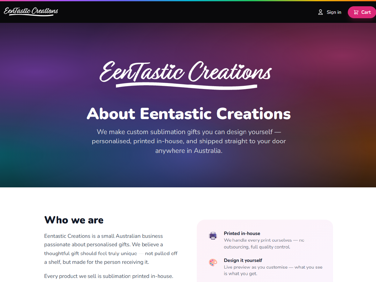 The Eentastic Creations homepage, showing custom sublimation gift products