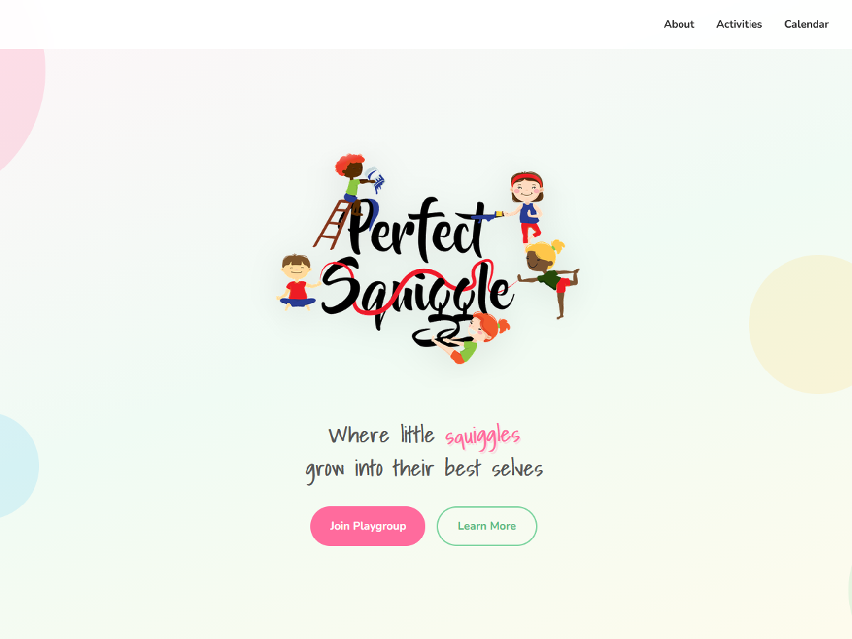 The Perfect Squiggle homepage, showing the Brisbane playgroup and play school